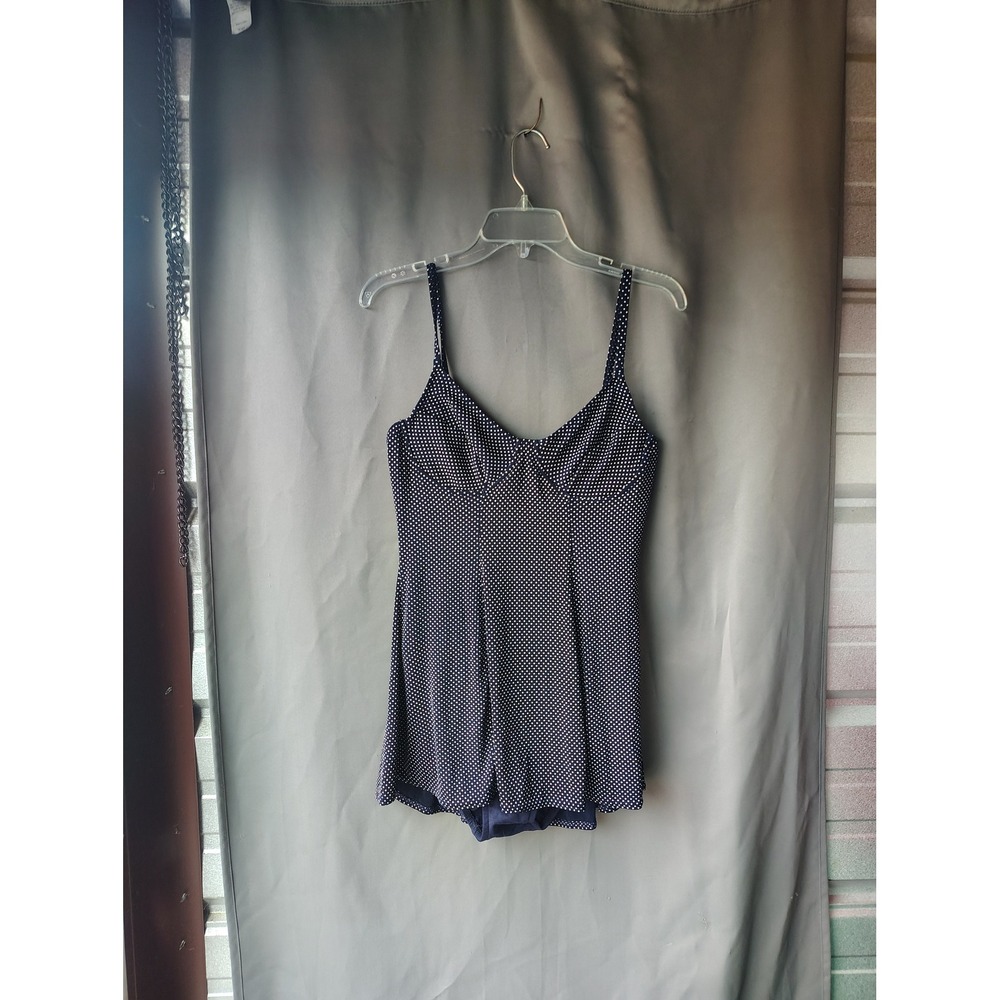 Beach Cabana Navy Blue Polka Dot Swim Dress One Piece Swimsuit Women Large‎